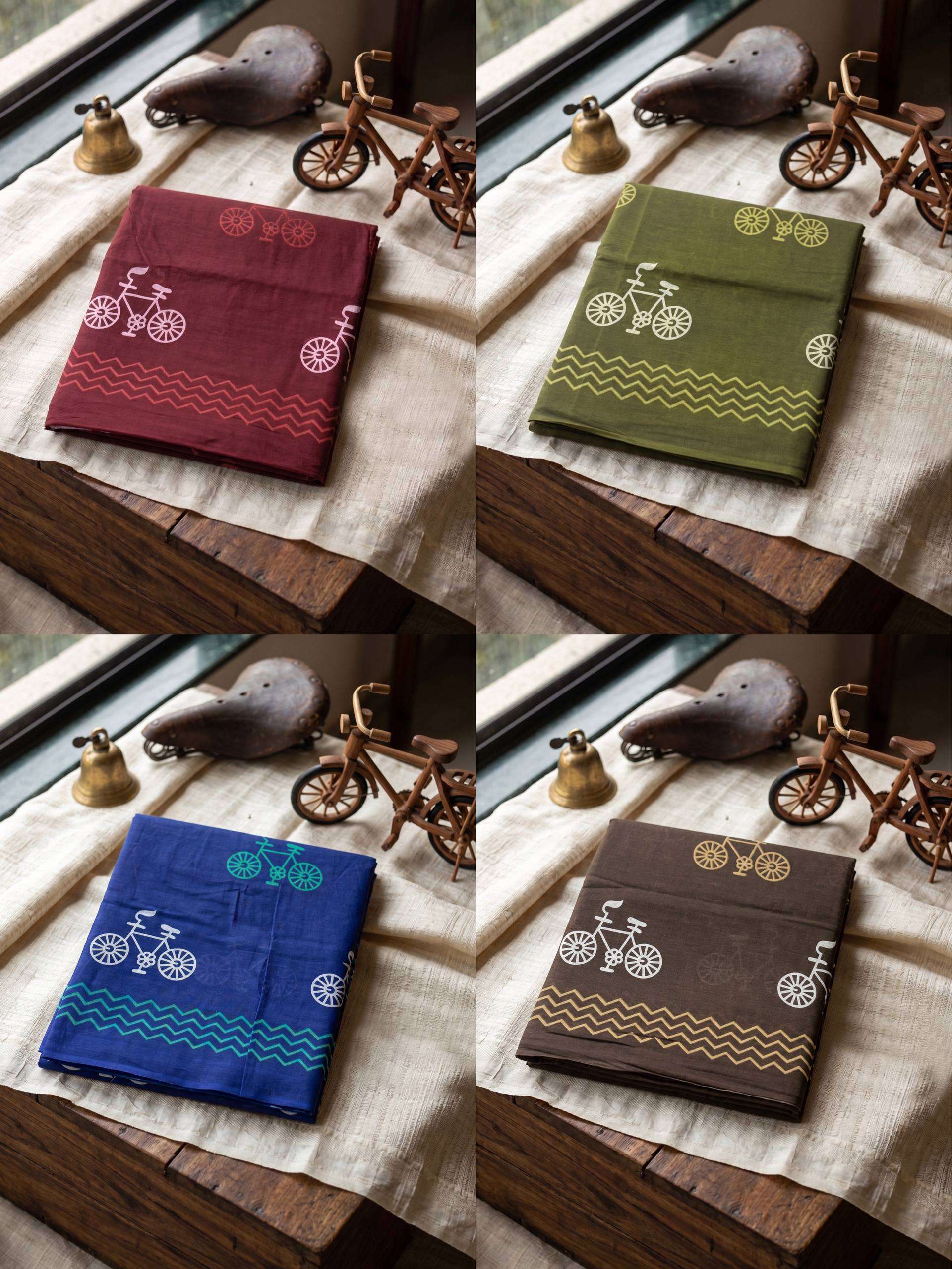 Introducing the Karigari Vintage Bicycle Print Collection mulmul cotton fabric saree wholesale in surat